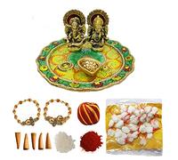 Insieme Combo Festivo WC_Diwali/Bhaidooj - Combinazione di 2 Braccialetti Rudraksha con il Bellissimo Piatto Multicolore/Cesto Roli Chawal/Carta di auguri speciale/(Targhetta Multi Puja Diwali Combo)