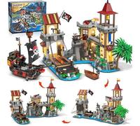 INSOON Château Pirate à Construire 1502 Pièces avec LED Bateau Pirate & Quai Jeu de Construction 10 Ans+ Décoration