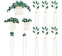 inSowni Lot de 11 peignes à cheveux vintage avec strass + épingles à cheveux en forme de U pour mariée, demoiselles d'honneur, femmes et filles (vert émeraude)