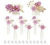 inSowni Lot de 20 peignes à cheveux décoratifs en forme de fleur violette + épingles à cheveux en forme de U + épingles à cheveux torsadées en spirale pour mariée, demoiselles d'honneur, femmes et