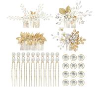 inSowni Lot de 36 peignes à cheveux en forme de feuille dorée + épingles à cheveux en forme de U + pinces à cheveux torsadées en spirale avec strass pour mariée, demoiselles d'honneur, femmes et