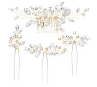 inSowni Lot de 4 peignes à cheveux en strass + épingles à cheveux en forme de U (blanc doré)