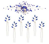 inSowni Lot de 7 peignes à cheveux en forme de U avec perles bleu roi et strass pour mariée, demoiselles d'honneur, femmes et filles