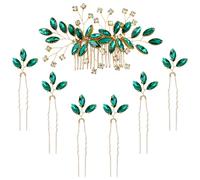inSowni Lot de 7 peignes à cheveux en métal doré avec strass vert émeraude + épingles à cheveux en forme de U pour femmes et filles, demoiselles d'honneur (vert émeraude)