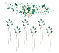 inSowni Lot de 7 peignes à cheveux vintage en forme de U avec perles vertes émeraude et strass en forme de U pour mariée, demoiselles d'honneur, femmes et filles