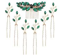 inSowni Lot de 7 peignes à cheveux vintage en forme de U avec strass verts et strass en forme de U pour femme, demoiselle d'honneur