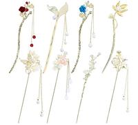 inSowni Lot de 8 épingles à cheveux rétro vintage en métal doré avec pendentifs en forme de fleur de lotus et de fleurs chinoises pour femmes et filles