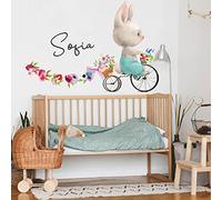 INSPIO Sticker mural avec prénom - Lapin et fleurs