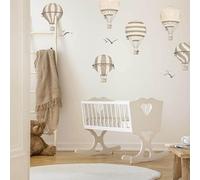 INSPIO Stickers Muraux Mongolfières Tons Neutres - 6 Ballons + 11 Oiseaux - Film Textile Lavable & Réutilisable | Décoration Chambre Enfant