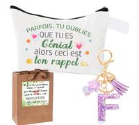 Inspirant Cadeau Pochette Cadeau Femme + Initiale Letter Keychains Porte Clé pour Meilleure Amie, Soeur, Fille, Maman,Cadeau Anniversaire Femme,Trousse en Coton - Cadeaux de Motivation (F)