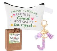 Inspirant Cadeau Pochette Cadeau Femme + Initiale Letter Keychains Porte Clé pour Meilleure Amie, Soeur, Fille, Maman,Cadeau Anniversaire Femme,Trousse en Coton - Cadeaux de Motivation (J)