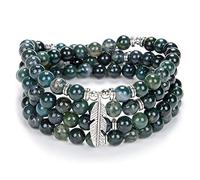 Inspirational Yoga Beads Bracelet 108 Mala Stone Necklace avec Dainty Lucky Feather Charm (Agate mousse (Moss Agate))