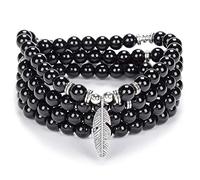 Inspirational Yoga Beads Bracelet 108 Mala Stone Necklace avec Dainty Lucky Feather Charm (Agate Onyx Noir (Black Onyx Agate))