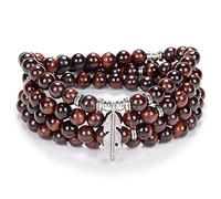 Inspirational Yoga Beads Bracelet 108 Mala Stone Necklace avec Dainty Lucky Feather Charm (Oeil de tigre rouge (Red Tiger Eye))