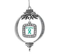 Inspired Silver - Breloque de survivant en ruban bleu sarcelle - Ornements de vacances carrés argentés avec bijoux en oxyde de zirconium