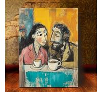 Inspirée par Pablo Picasso, intitulée « Couple prenant un café », cette peinture abstraite et vivante, aux tons bleus et jaunes, est idéale pour la décoration intérieure (50 x 60 cm / sans cadre).