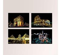 Inspirez la créativité de votre enfant avec 4 peintures à gratter, vue de nuit sur la ville, dessins de bâtiment pour s'amuser (bâtiment ancien)