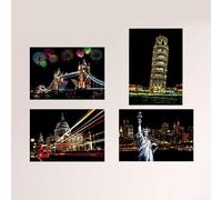 Inspirez la créativité de votre enfant avec 4 peintures à gratter, vue de nuit sur la ville, dessins de bâtiment pour s'amuser (bâtiment classique)