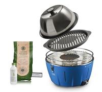 InstaGrill | Barbecue au charbon avec couvercle et grille en fonte. Balcon, portable, avec batterie rechargeable, charbon et gel pour allumage. PRO bleu océan