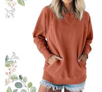 Instantaneou Sweatshirt, Women's Ribbed Accent Pocketed Pullover, Loose Crewneck Knit Solid Sweater with Pockets (Rust Red,S)
