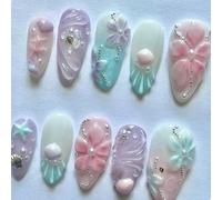 Instants Glamours Lot de 24 faux ongles brillants avec coquillages et strass, finition holographique dégradée, réutilisables, plusieurs tailles