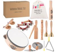 Instruments de Musique en Bois Stoie’s pour Enfants 3 à 9 Ans : Tambour, flûte, grelots, cymbales, castagnettes, Triangle. Montessori, Sons clairs, Prise sûre, Sac Coton Inclus