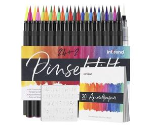 int!rend Kit de Feutres Coloriage Adulte 51 Pieces - 24 Feutre Aquarelle + 2 Stylos à Réserve + 20 Papier Dessin & 5 Pochoirs - Bullet Journal, Scrapbooking, Calligraphie