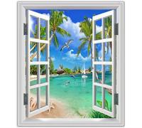 INTCHE 3D Fausse Fenêtre Tableaux Paysage sur Toile,Tableau d'art de mur de toile,Beach Seascape,Impression Nature sur toile,Tableau Decoration Murale 60x72cm(24x29in) Sans Cadre