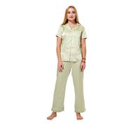 inteblu Ensemble de pyjama 2 pièces en satin de soie pour femme | Col cranté doux, manches courtes boutonné, vêtement de détente avec pantalon long et soyeux pour vêtements de nuit, Vert brouillard