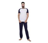 inteblu T-shirt en coton pour homme avec manches courtes contrastées et pantalon assorti | Haut à col rond 100 % coton respirant et bas à taille élastique pour une tenue quotidienne, bleu, XL