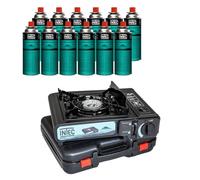 INTEC - Réchaud gaz Portable ETNA 2200 W (Piezo/Mallette) | Mega Kit avec 12 Cartouches Butane Incluses | L'équipement idéal pour Camping, Randonnée et Road Trips.