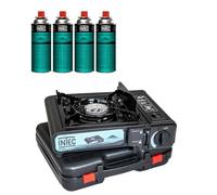 INTEC - Réchaud gaz Portable ETNA 2200 W (Piezo/Mallette) | Mega Kit avec 4 Cartouches Butane Incluses | L'équipement idéal pour Camping, Randonnée et Road Trips.