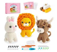 InteDesign Kit de tricot au crochet 3 pièces pour débutants, kit de crochet en forme de lion pour débutants, motif vache des Highlands, lapin au crochet, cadeau pour Noël ou anniversaire