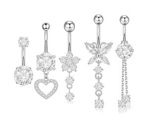 InteDesign Lot de 5 piercings de nombril en argent, hypoallergéniques, 14 g, bijoux de piercing de nombril pour femmes et filles, Refer to the second image, Acier inoxydable, Pierre de zircone