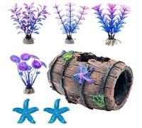 InteDesign Lot de 7 décorations pour aquarium en forme de tonneau cassé, accessoires d'aquarium Betta, 1 grotte en tonneau cassé, 4 plantes d'aquarium, 2 décorations en forme d'étoile de mer