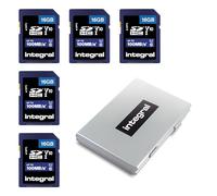 Integral Lot de 5 Cartes SD de 16 Go dans Un étui de Protection en métal à 6 emplacements pour Cartes mémoire Haute Vitesse SDHC jusqu'à 100 Mo/s V10 UHS U1