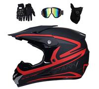 Intégral MTB Casque Motocross avec Lunettes Gants Masque, Adulte Jeunesse Hors Route VTT Scooter Moto Casque, Une Descente Enduro BMX Quad Moto Cross Accident Casque, D.O.T Certifié (Color : Red, Si