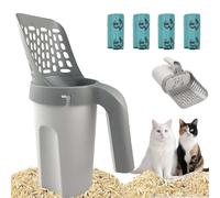 Integrated Cat Litter Scooper, 2 in 1 Detachable Portable Cat Litter Pooper Scoop with Waste Container and Trash Bag, No Touch Large Capacity Cat Litter Box Scoop for Cats and Pets (Grey)
