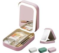 Integrated Makeup Storage Box with Light-Filling Mirror, 3 Colors Modes Makeup Bag, LED Complementary Light Cosmetic Case,Folding Case for Travel and Shopping (Pink)