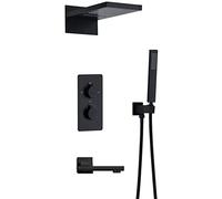 Intelligent Constant Temperature Black Brass Concealed Shower Set Into The Wall Type Booster Nozzle Waterfall Shower with Handheld Shower, Shower Set,B