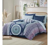 Intelligent Design Loretta Parure de lit 7 pièces en Microfibre brossée Ultra Douce Motif médaillon bohème Bleu Marine