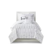 Intelligent Design Raina Twin/Twin XL Parure de lit 4 pièces en Microfibre Douce avec 1 taie d'oreiller et 2 taies d'oreiller, Motif géométrique métallique, Blanc
