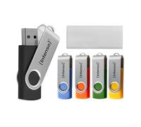 Intenso Basic Line Lot de 5 clés USB 2.0 16 Go avec étiquettes Pratiques, Jaune, Vert, Noir, Bleu + Orange, avec Anse en métal argenté
