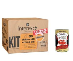 Intenso Crema Piu Espresso Lot de 50 dosettes de café ESE de 44 mm avec gobelets, agitateurs et sachets de sucre + Italian Gourmet Polpa 400 g