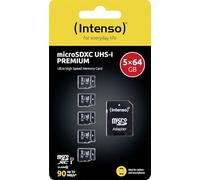 Intenso Lot de 5 Cartes microSD de qualité supérieure 64 Go - microSDXC, Classe 10 UHS-I, jusqu'à 90 Mo/s, avec Adaptateur SD, kit de Cartes Micro SD pour Smartphone et Appareil Photo