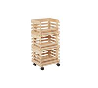 Inter Link - 3 caisses empilables en bois naturel massif - Caisse de rangement sur roulettes, caisse de stockage pour fruits, légumes - Gain de place, pratique et polyvalent - 37 x 30 x 80 cm