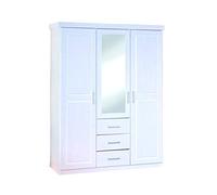 Inter Link - Armoire contemporaine - Armoire de chambre 3 portes - Armoire avec miroir - 3 tiroirs - 2 penderie et 5 niches - Armoire en pin massif - Vernis blanc - L:140 x P:55 x H:190 cm - Geraldo