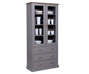 Inter Link - Armoire Vitrine et Buffet - Vaisselle - Salle à Manger - Style Campagnard - Bois Massif FSC - 2 Portes - 3 Tiroirs - Luzerna 10 - Gris