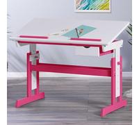 Inter Link - Bureau réglable en hauteur - Bureau pour enfants, élèves - Pupitre inclinable - Support pour livres - Bois massif laqué blanc - Applications en rose - Rose / Blanc
