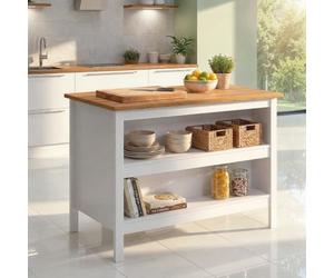 Inter Link - Ilot de cuisine - Ilot central - Plan de travail - Meuble de cuisine avec étagères - Mélaminé - Longueur 124cm - Hauteur 82 cm - Profondeur 75 cm - Julina - Blanc/Chêne Artisan